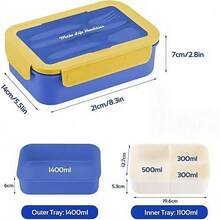 1pc Blue & Yellow Lunch Box, Lunch Box With Cutlery (Upgraded Detachable), 1400ml Child/Adult Bento Box With 3 Compartments, Microwave Friendly Lunch Box For Work, Picnic, Office, Food Storage, Camping, Back To School, Christmas Gift - Multicolor - View 3