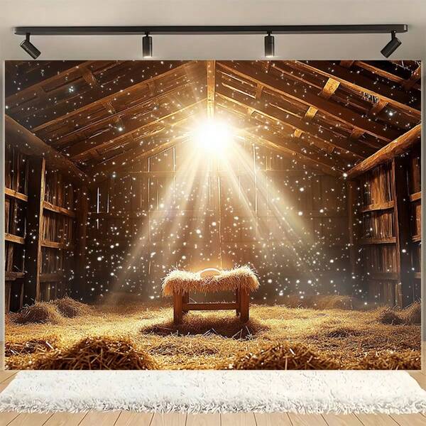 1 grote polyester kerststalachtergrond - stal- en sneeuwvalontwerp, duurzame stof, geschikt voor fotografie en feestdecoratie | Gemakkelijk schoon te maken, lichtgewicht, binnen- en buitengebruik | Ideaal voor feestdagen, bruiloften, woningdecoratie en studio-accessoires
