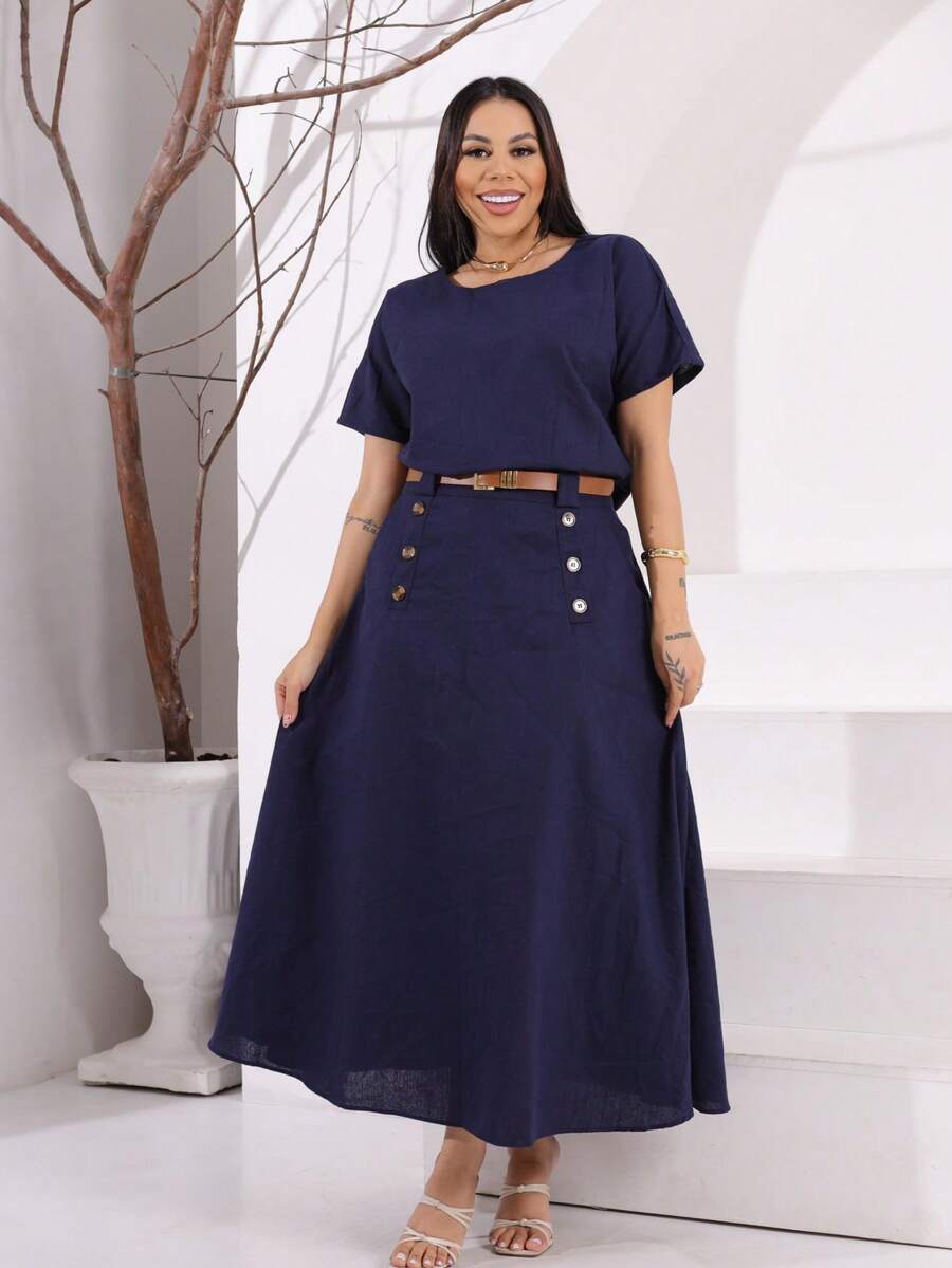 Women's Linen Set Long Skirt + Blouse Sleeve Casual Timeless Elegant - No Belt - 藏蓝色 - 查看 1