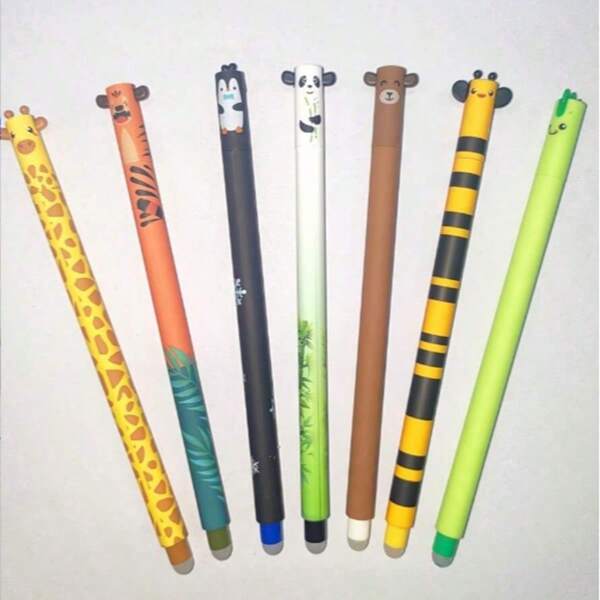 5 pezzi Penna a due colori cancellabile, penna a due colori con motivi carini di tigre, scimmia, ape, elefante, dall'aspetto accattivante