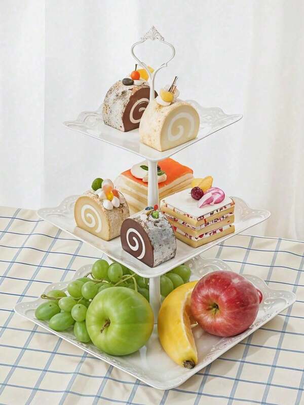 1pc White Embossed 3-Tier Fruit Plate, Dessert Stand, Elegant Lace Candy Snack Tray For Living Room
