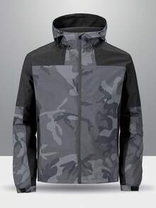 MAISONFOX Boyfriend Style Men's Camouflage Print Drawstring Hooded Sports Jacket, Casual Everyday Camouflage Zip-Up Hooded Going Out Street Wear Long Sleeve Jacket, For Friends, Husband, Boyfriend Gifts, Fall - Grey - View 1