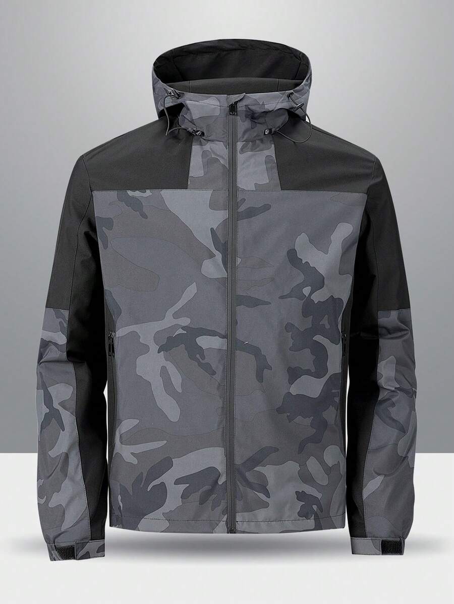 MAISONFOX Boyfriend Style Men's Camouflage Print Drawstring Hooded Sports Jacket, Casual Everyday Camouflage Zip-Up Hooded Going Out Street Wear Long Sleeve Jacket, For Friends, Husband, Boyfriend Gifts, Fall - Grey - View 1