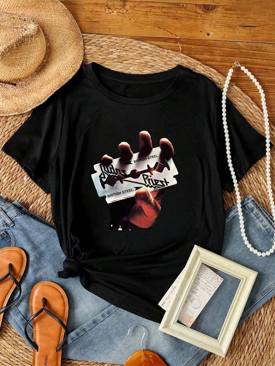 180g Pure Cotton Judas Priest British Steel T-Shirt Comfortable Top For Everyday Wear Stretched For Women Graphic Soft Summer Designer Clothes Homme Breathable Print Round Neck Short Sleeve Stylish Versatile Slightly Streetwear Unisex Casual Fashion