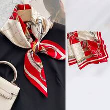 ANDANTINO% Silk Square Scarf Hair-25.6 X25.6'' Women Men Natural Silk Neckerchief Digital Printed Headscarf - 深紅色&乳白色 - 查看 4