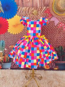 Children's Dress June Party Caipira Saint John Plaid Bow Square Dance School Fair Arraiá Northeast Costume Popcorn Queen Little Girl Girl Festivity Ruffle Youth Typical June Party - 彩色 - 查看 1