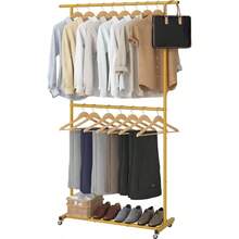 Double Rod Clothing Garment Rack, Rolling Coat Hanger With Bottom Mesh, Clothing Rack For Hanging Clothes, Coats, Skirts, Sweaters, White - With mesh + Gold - View 2