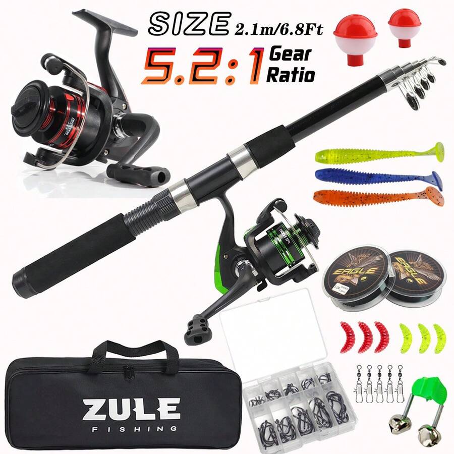 Kit de pesca para principiantes ZULE, incluye caña telescópica, carrete, señuelos y set de viaje - Multicolor - Ver 1