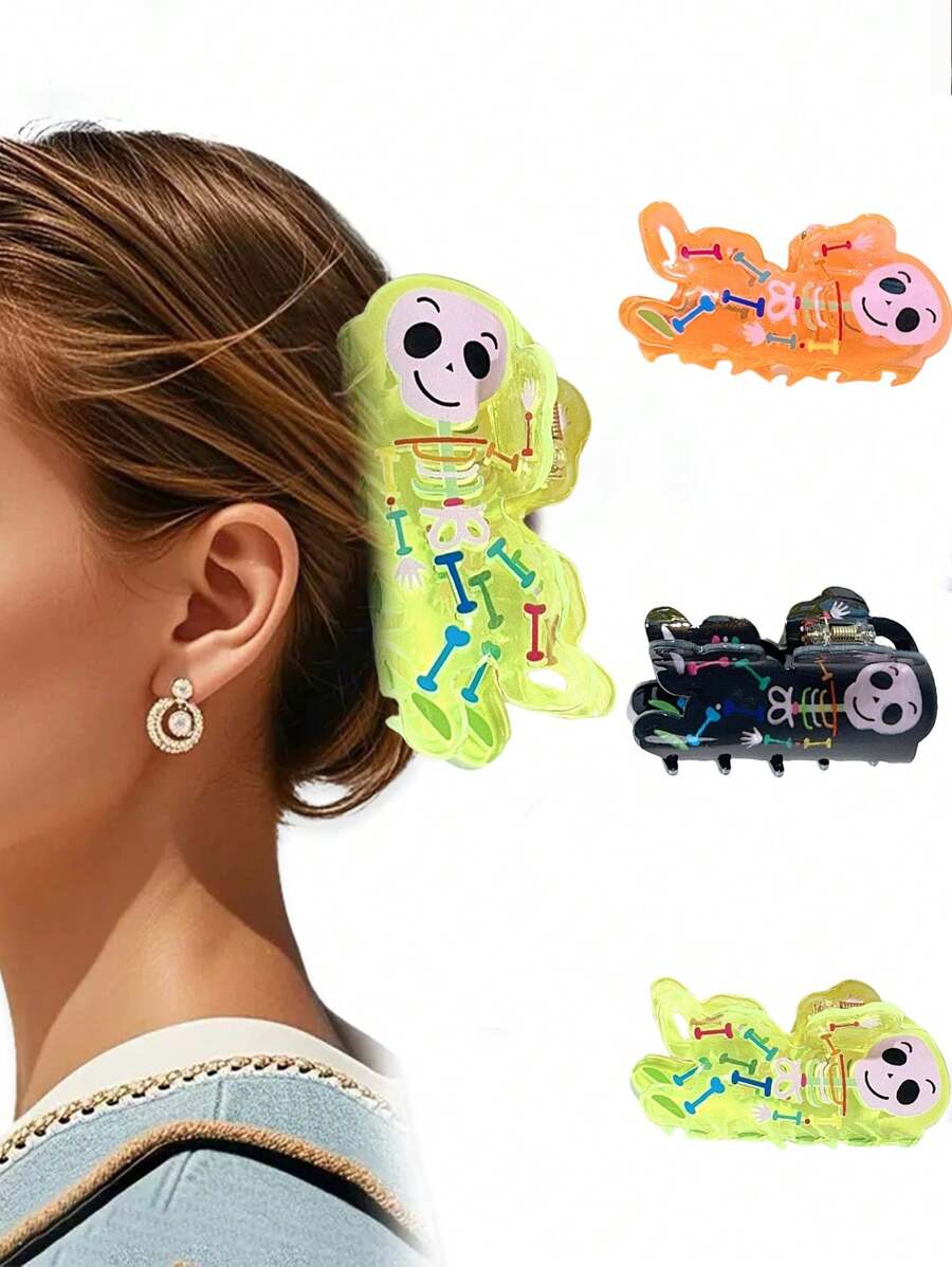 1 件女士万圣节畅销发爪亚克力骷髅头多功能节日氛围发夹发饰女爪夹秋季配饰