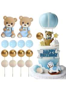 16件套 - 可爱泰迪熊蛋糕装饰，泡沫球蛋糕装饰（多种颜色），婴儿派对蛋糕装饰，软橡胶娃娃装饰，泰迪熊生日蛋糕装饰，婴儿派对装饰，性别揭晓派对（蓝色） - 彩色 - 查看 1