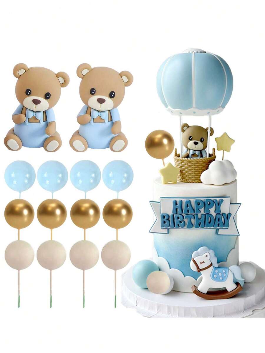 16件套 - 可爱泰迪熊蛋糕装饰，泡沫球蛋糕装饰（多种颜色），婴儿派对蛋糕装饰，软橡胶娃娃装饰，泰迪熊生日蛋糕装饰，婴儿派对装饰，性别揭晓派对（蓝色） - 彩色 - 查看 1