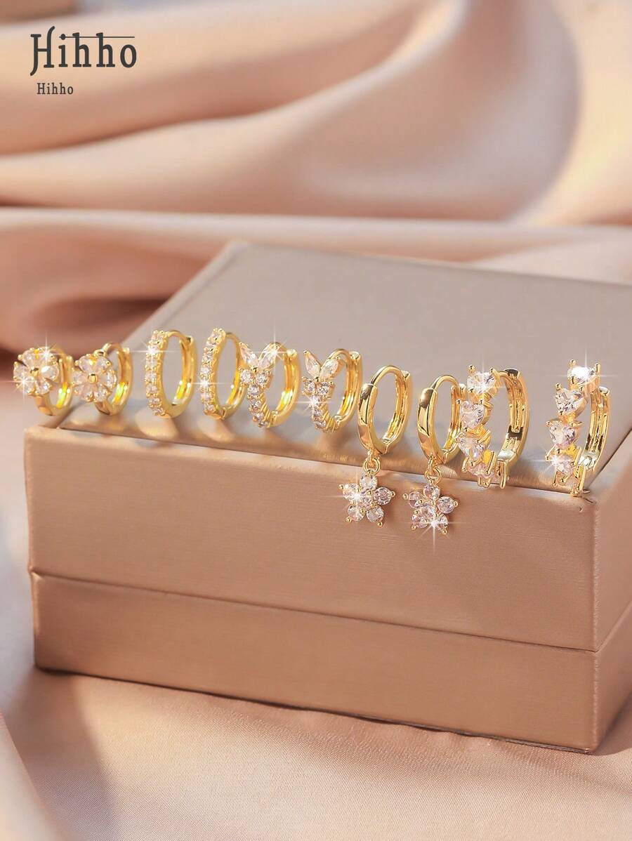 Hihho 10pcs/Set Simple Gold Hoop Earrings, Heart & Flower Design Earrings, Cute 5-Petal Flower Stud Earrings, Suitable For Girls' Daily Wear And Valentine's Day Gifts