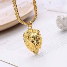 1 件男士嘻哈狮头项链吊坠，HIPHOP 珠宝小麦链狮头吊坠配饰 - 金色 - 查看 4