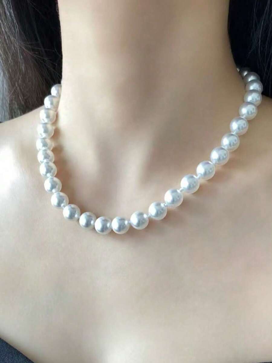 简约时尚百搭百搭玻璃珍珠项链，女士颈链 - 白色6mm - 查看 1