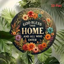 2D Flat Printing, An 8 * 8 Inch Aluminum Metal Sign That Says 'God Bless This Home And All Who Enter', A Welcome Circular Wreath Sign, Wreath Sign, Porch Decoration, Door Decoration, Scene Decoration. - Metal Spray Paint - View 4