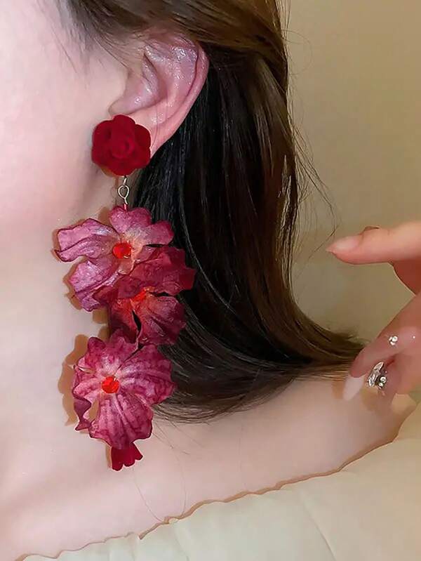 1Pair,[Elegant Earrings] Vintage Elegant Pair Of Spring/Summer Holiday Matching Fabric Rose Flower Earrings