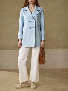 Abrigo corto elegante doble botonadura dama mujer filo blanco ligero liso bolsillos funcionales suelto comodo tela textura casual formal dia noche frio oficina salida fiesta antro cena restaurante primavera otoño - Azul - Ver 3