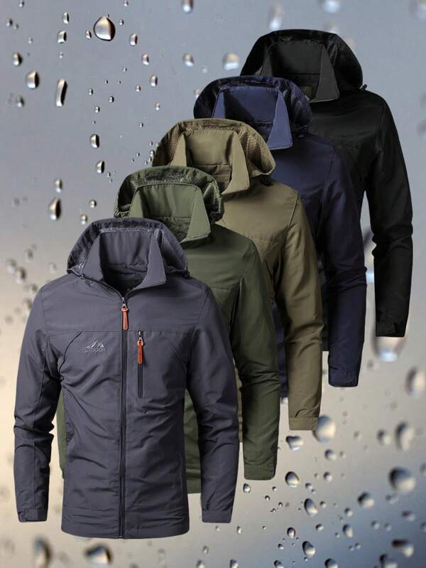 Men's Windproof Hooded Jacket - Waterproof, Detachable Hat, Casual Outdoor Coat With Zipper Pockets, Nylon, Perfect For Hiking & Casual Attire