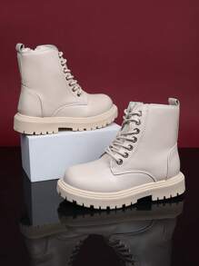 1 Pair White Infant Boots, Solid Color Front Lace-Up, Side Zipper, Metal Buckle, Simple Round Toe, Rubber Anti-Slip Sole, Outdoor Fashion Boots Suitable For 3-12 Years Old Boys And Girls, Students, Autumn/Winter New Style For Vacation, Casual, Party