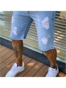 kit 2 Bermuda Premium Lycra Jeans Rasgada Masculina - Branco e Azul Escuro - Visão 3