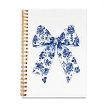 1 件螺旋装订蓝色花卉与蝴蝶结图案笔记本，精美的设计，白色背景上点缀着精致的蓝色花朵和精致的蝴蝶结，非常适合优雅的笔记、创意写作和复杂的规划，是注重风格的学生的完美返校礼物，采用耐用的金色螺旋装订和光滑的优质纸张，可轻松书写，为日常任务增添一丝优雅的魅力，适用于学校用品，返校 - Spiral Notebook - 查看 1