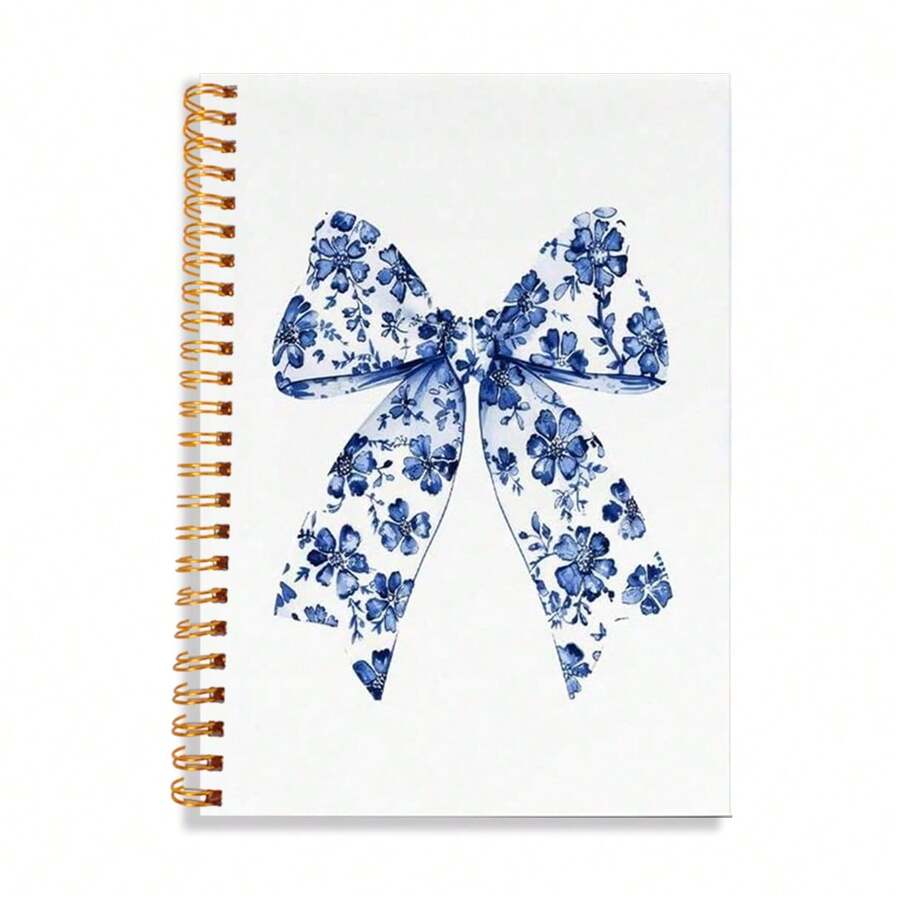 1 件螺旋装订蓝色花卉与蝴蝶结图案笔记本，精美的设计，白色背景上点缀着精致的蓝色花朵和精致的蝴蝶结，非常适合优雅的笔记、创意写作和复杂的规划，是注重风格的学生的完美返校礼物，采用耐用的金色螺旋装订和光滑的优质纸张，可轻松书写，为日常任务增添一丝优雅的魅力，适用于学校用品，返校 - Spiral Notebook - 查看 1