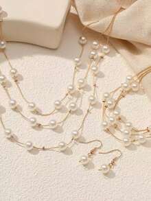 3pcs Elegant Fashion Necklace, Bracelet, Earring Set, Multi-Layer Pearl Chain Jewelry, Suitable For Wedding, Bride, Evening Party