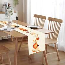 秋季花卉桌旗，奶油色背景上优雅的橙色花朵和叶子印花，秋季餐桌装饰，适合餐厅、秋季聚会和农舍家居装饰