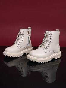 1 Pair White Infant Boots, Solid Color Front Lace-Up, Side Zipper, Metal Buckle, Simple Round Toe, Rubber Anti-Slip Sole, Outdoor Fashion Boots Suitable For 3-12 Years Old Boys And Girls, Students, Autumn/Winter New Style For Vacation, Casual, Party