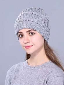 1 Stück gestrickte Beanie Mütze, warm gefüttert, vielseitig, lässig, Polyester, einfarbig, geeignet für Herbst/Winter