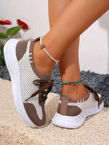 1 Pair Women's Fashion Sports Style Lace-Up Knit Breathable Fabric EVA Lightweight Non-Slip Soft Sole Sneakers, Suitable For All-Day Wear, Running, Campus, Street, Outdoor, Casual Sports