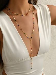 2 件时尚奢华简约双层金属长项链，彩色水晶项链，简约 Y 形长吊坠项链，适合女性日常、派对、宴会、首饰搭配（珠子颜色随机） - 2pcs彩色長項鍊 - 查看 3