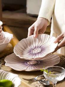 1pc Ins Style Floral Ceramic Plate, Asymmetrical Flower Pattern Glazed Plate, Household Dinner Plate, Dessert Plate, Cake Plate, Office Afternoon Tea Sweets Plate, Western Steak & Pasta Plate, Fruit Salad Plate, Flower Bowl, Rice Bowl