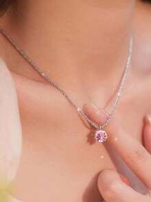 1 chiếc vòng cổ mặt pha lê đơn bạc, dây chuyền xương đòn bằng đồng thời trang, vòng cổ ngắn thanh lịch, phù hợp với trang phục thường ngày của phụ nữ - Hồng - Xem 2