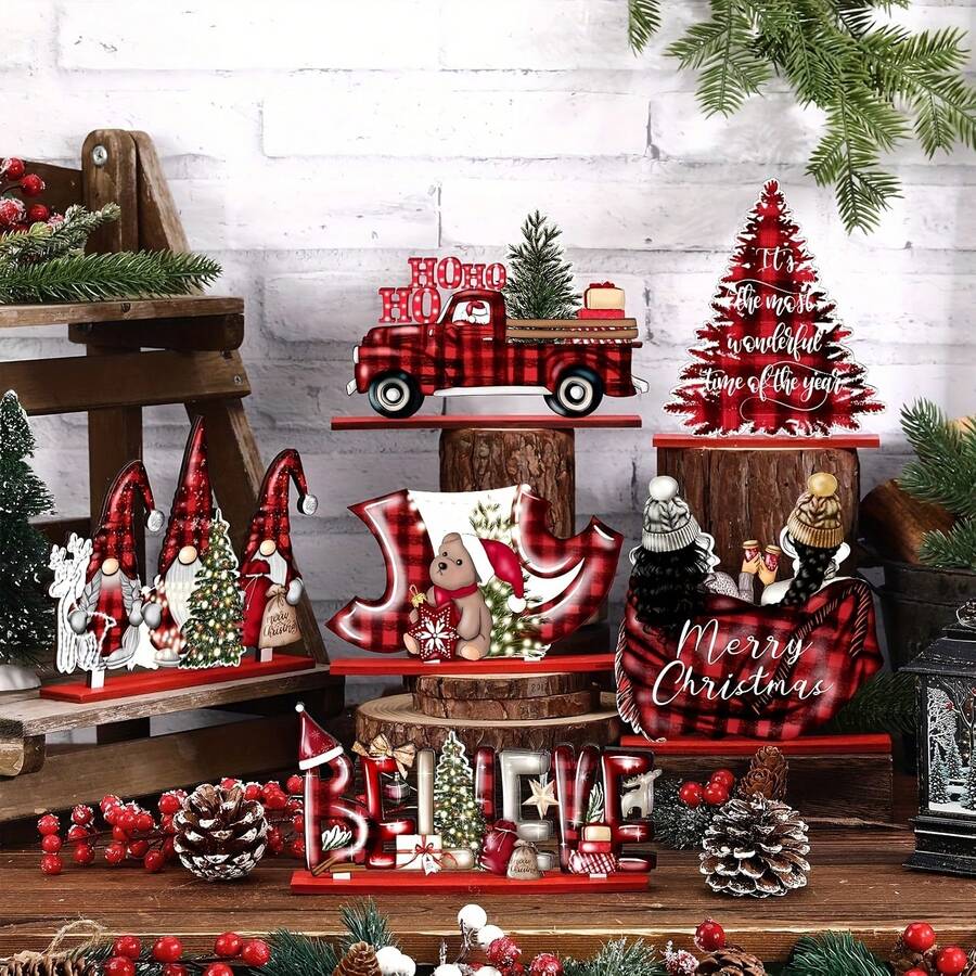 6pcs Christmas Winter Decor Plaid Red & Black Farmhouse Wooden Signs Country Office Desk Indoor Decoration