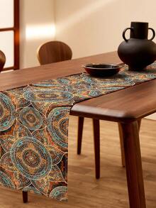 1pc Vintage Mandala Geometric Print Linen Table Runner, Suitable For Holidays, Parties, Birthdays, Dinners, Kitchen & Dining Room Decor, Dresser/Cabinet Cover, All Season Home Decor - Multicolor - View 4