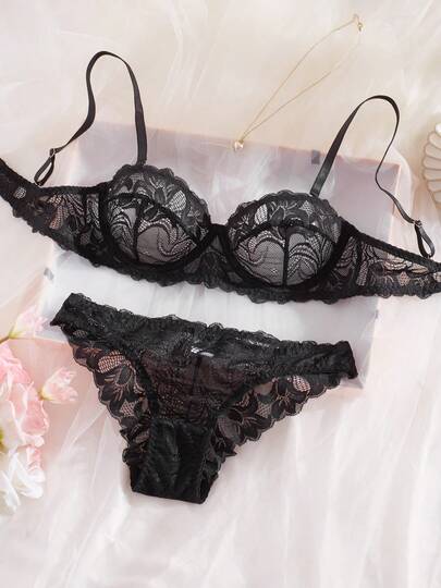 Women's Sexy Spaghetti Strap Bra And Lace Panty 2 Pieces Lingerie Set