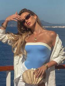 Women's Elegant Solid Color Patchwork Contrast Color One-Piece Swimsuit, Casual Beach Vacation Wear For Spring Summer - Blue and White - View 2