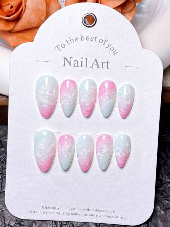 10 piezas de pegatinas de uñas postizas con forma de almendra hechas a mano puras con un degradado de azul, blanco y rosa, con un ambiente veraniego y un estilo simple y femenino. Se pueden usar en varias ocasiones y combinar con todo tipo de ropa. Se pueden colocar y quitar rápidamente y volver a usar. Se incluye una tira de pulido como regalo.