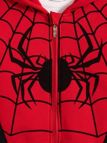 男童休闲卡通蜘蛛印花拉链落肩连帽羊毛夹克外套，秋冬
