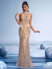 GIFORU Elegant Silver Sequin Prom Dress Halter Mermaid Gown Gold Beaded Wedding Dresses For Bride Women Sparkly Long Graduation New Year Party Dress - Khaki - View 1