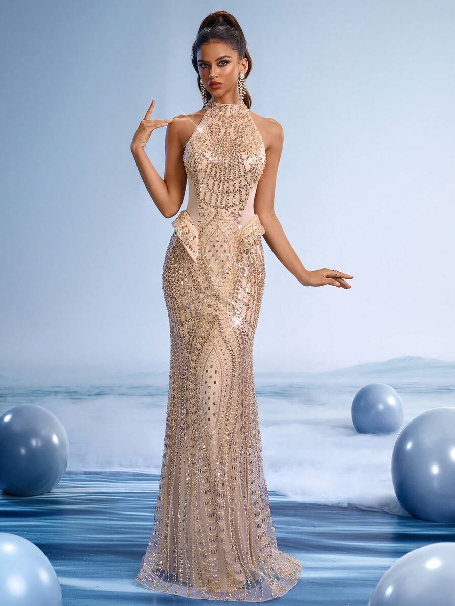 GIFORU Elegant Silver Sequin Prom Dress Halter Mermaid Gown Gold Beaded Wedding Dresses For Bride Women Sparkly Long Graduation New Year Party Dress - Khaki - View 1