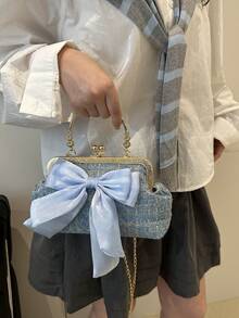 2025新款亮片链条晚宴手拿包，时尚奢华女士手提包、单肩包、斜挎包，纯色夹扣链条托特包（花卉图案随机分布），亮片 - 藍色 - 查看 4