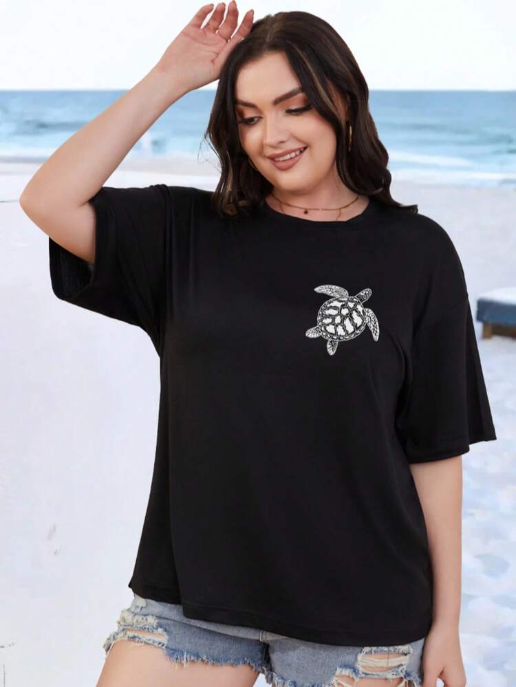Plus Size Women's T-Shirt, Ocean Calling And Sea Turtle Print Loose Short Sleeve Top, Casual Summer/Autumn Tee, Graphic Tee - Black - View 2
