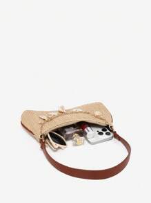 1 件女士复古度假海洋生物仿珍珠樱桃仿毛皮尾巴编织斜挎包腋下法棍包，适合约会、郊游、度假