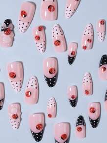 用 24 片 3D 凝胶指甲瓢虫法式杏仁按压指甲改变您的指甲，完美贴合中等长度设计亚克力假指甲，包含 1 片果冻胶和 1 片指甲锉，万圣节指甲，适合女士和女孩日常工作派对使用指甲用品指甲 - 彩色 - 查看 4