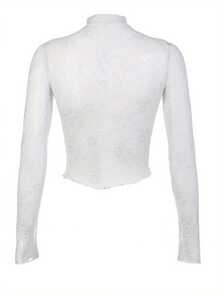 Elegant Women's Sheer Lace Floral High Neck Blouse, Delicate Halter Neck Regular Sleeve Embroidered Lace Top, Women, Semi-Sheer, Contrast Trim, Slightly Stretchy Knit Fabric 85G - White - View 6