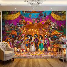 1PC 2D Flat Death God Wedding Background, Polyester Skeleton Couple Design, Equipped With Colorful Sunflowers, Halloween Theme Party Decoration, Suitable For Various Occasions, Mexican Wedding Decoration