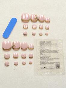 24 件短方形脚趾甲片，带金色装饰和水钻，经典法式美甲，夏季简约装饰，包含 1 个指甲锉、1 支果冻凝胶（女士适用，适合日常、约会、派对）按压式指甲美甲用品 - 彩色 - 查看 2