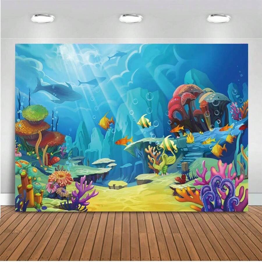 1 pieza Tela de fondo plano 2D, 1 pieza Fondo de mundo submarino, Cortina de ducha con tema submarino, Decoración de mesa de pastel de fiesta, Decoración de dormitorio, Decoración de sala de estudio, Fondo de fiesta de cumpleaños